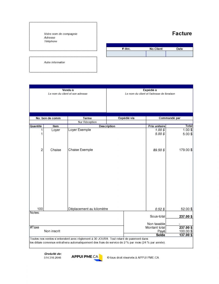 Modèle de facture de vente gratuite excluant les taxes  APPUI PME.CA